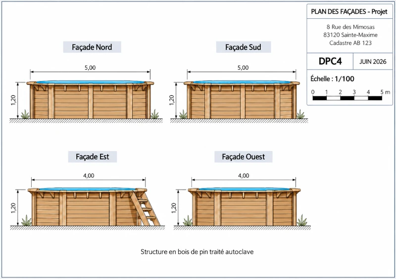 DPC4 — Façades piscine hors-sol Plan des quatre façades DPC4 d’une piscine hors-sol en bois de 5 × 4 m