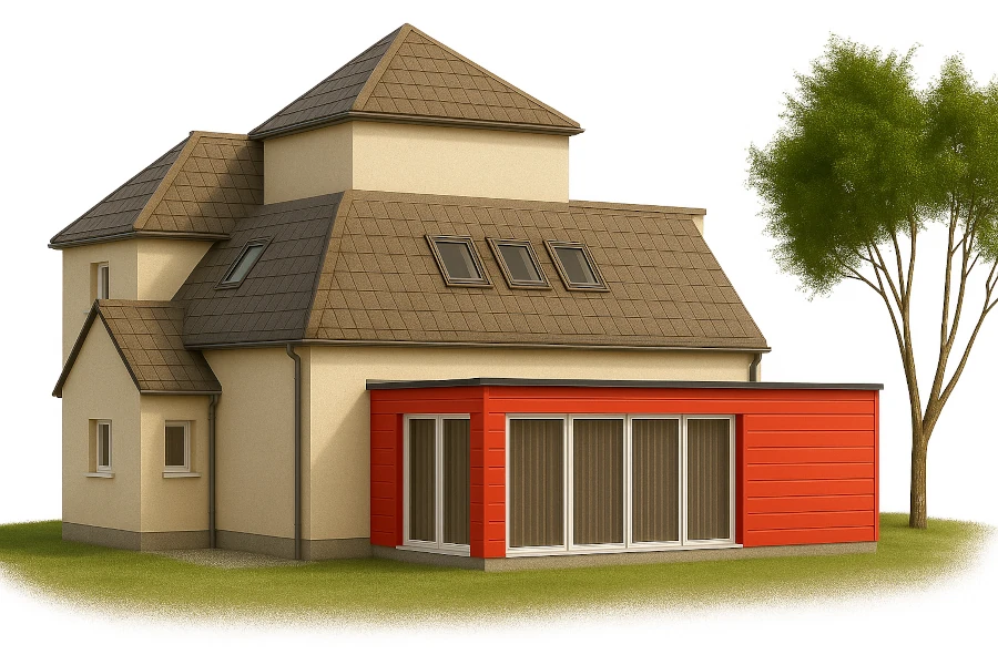 Exemple d’extension de maison nécessitant un plan de masse pour un permis de construire ou une déclaration préalable.