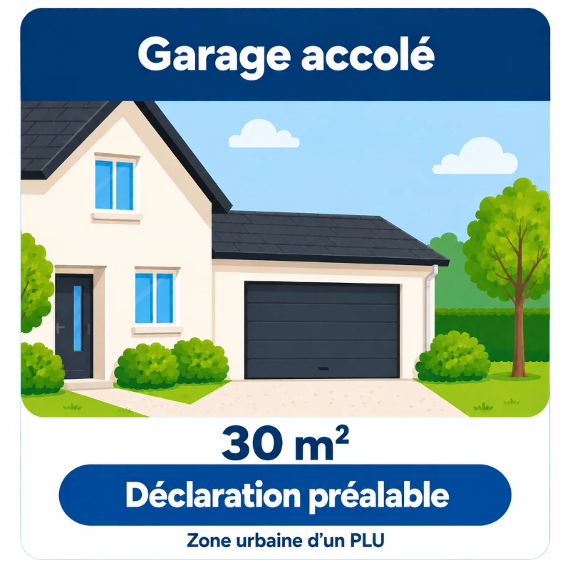 Schéma d’un garage accolé de 30 m² en zone urbaine d’un PLU relevant d’une déclaration préalable