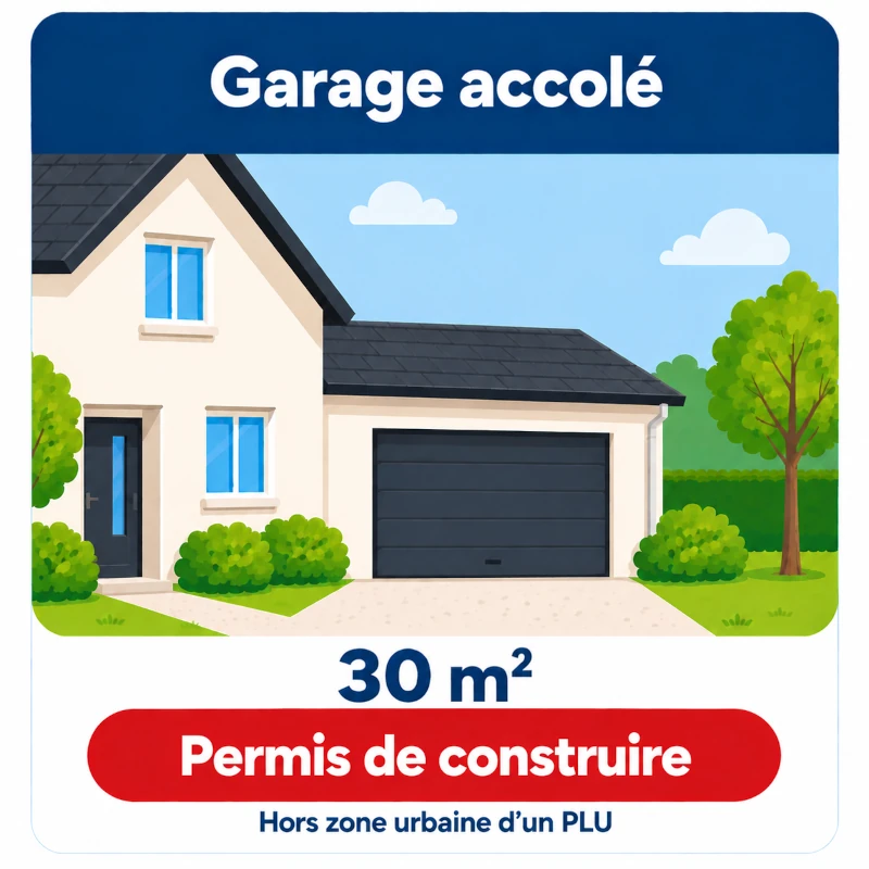 Schéma d’un garage accolé de 30 m² hors zone urbaine d’un PLU relevant d’un permis de construire