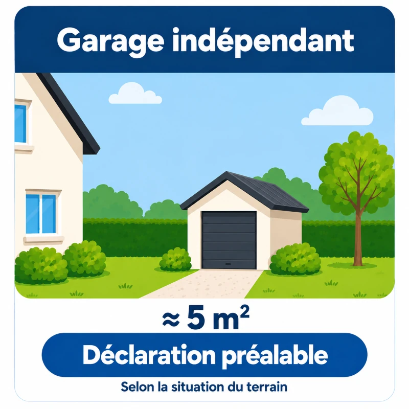 Schéma d’un garage indépendant d’environ 5 m² relevant d’une déclaration préalable selon la situation du terrain