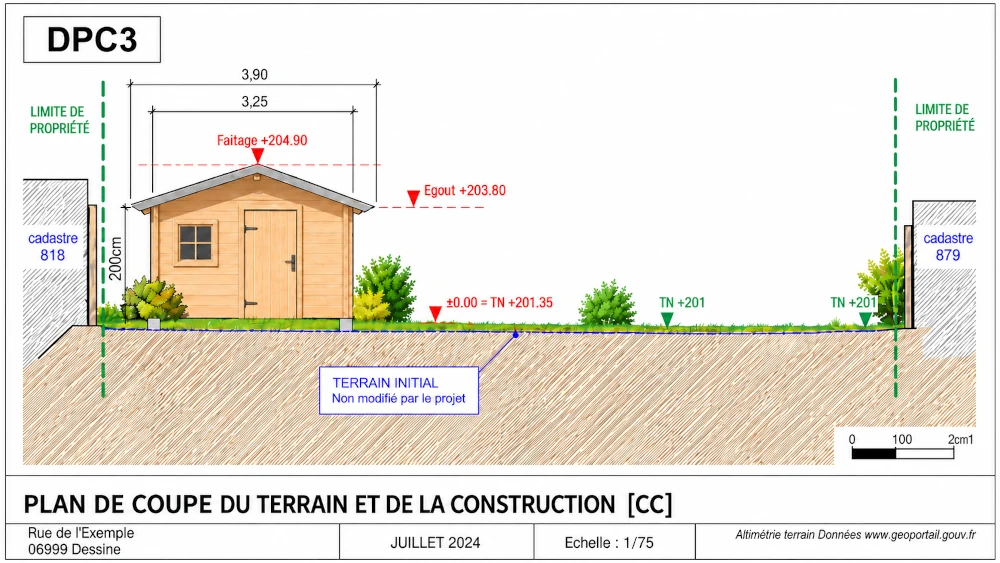 Plan de coupe abri de jardin – DPC3 Plan de coupe DPC3 d’un abri de jardin et du terrain
