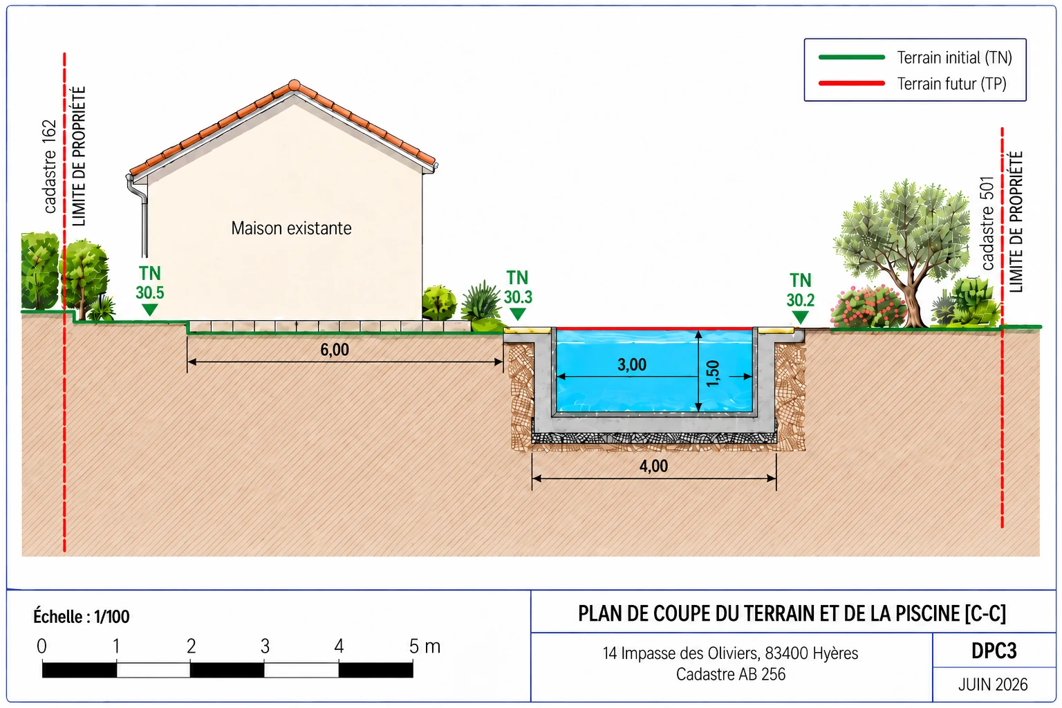 Plan de coupe piscine DPC3 Exemple de plan en coupe DPC3 d’une piscine enterrée