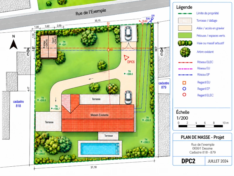 Plan de masse projet abri de jardin – DPC2 Exemple de plan de masse DPC2 avec abri de jardin projeté