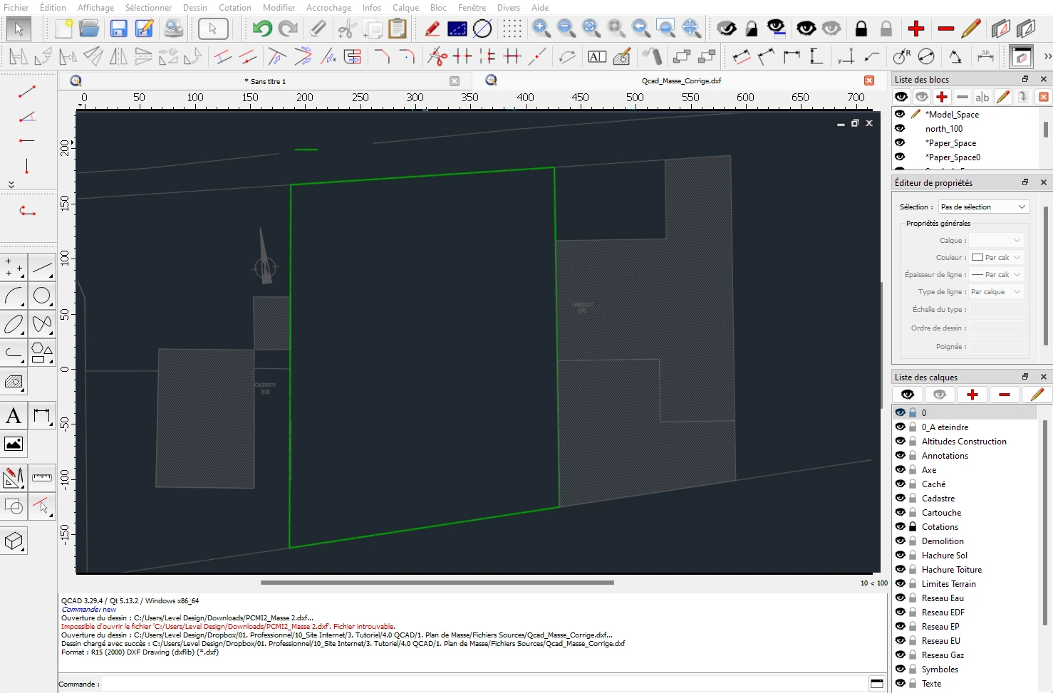 QCAD – Tracer les limites du terrain Tracé des limites du terrain dans QCAD pour le plan de masse
