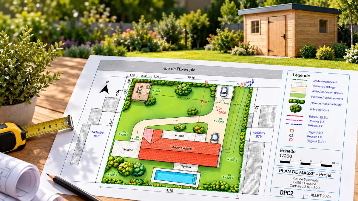 Plan de masse pour un abri de jardin avec exemple de dossier