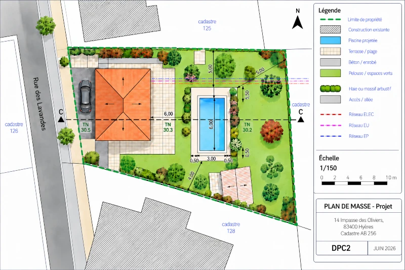 Plan de masse piscine DPC2 — État projeté Exemple de plan de masse DPC2 avec une piscine enterrée projetée