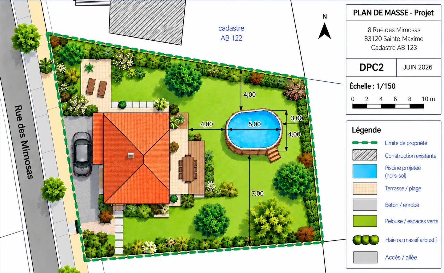 Plan de masse piscine hors-sol DPC2 Exemple de plan de masse DPC2 pour une piscine hors-sol de 5 × 4 m