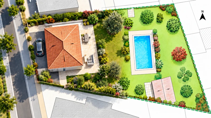Vue d'un terrain avec maison et piscine permettant d'illustrer un plan de masse piscine