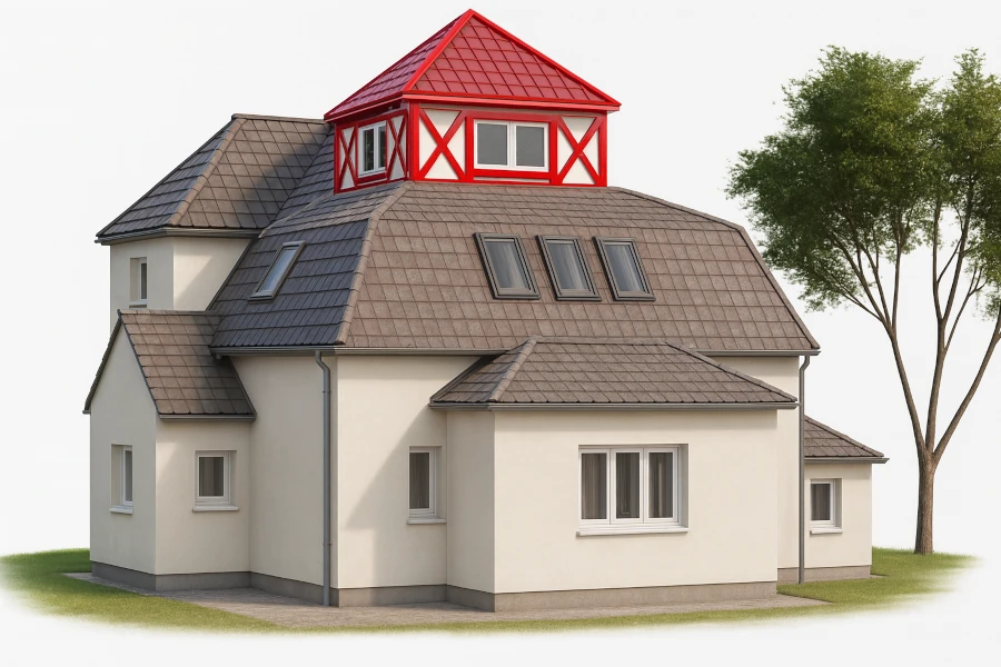 Exemple de surélévation de maison nécessitant un plan de masse pour le permis de construire, indiquant les hauteurs, distances et limites du terrain.